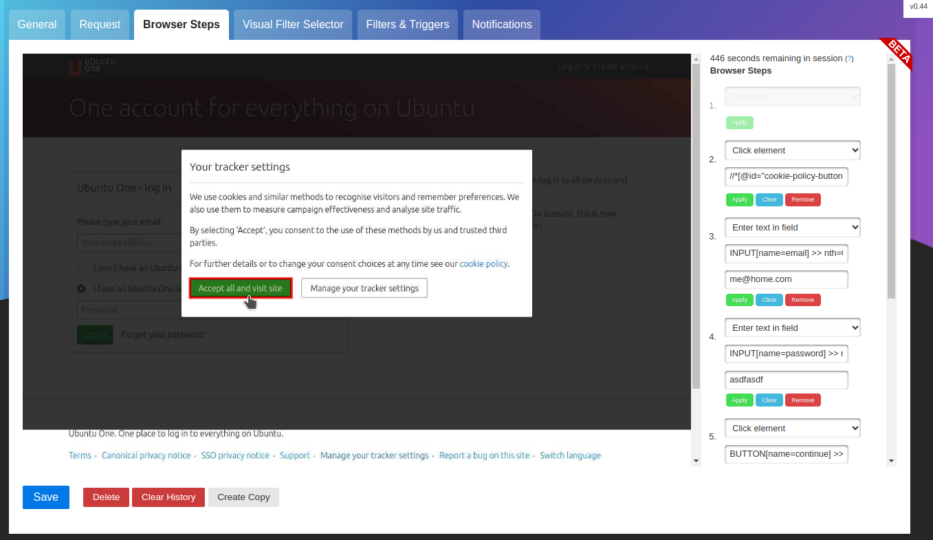 Screenshot for supplying login details to perform change detection from behind a login