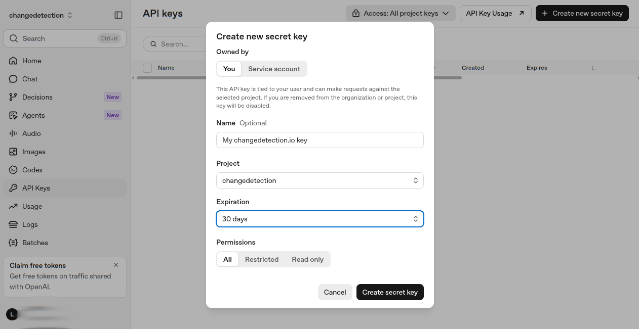 OpenAI LLM add key for changedetection.io