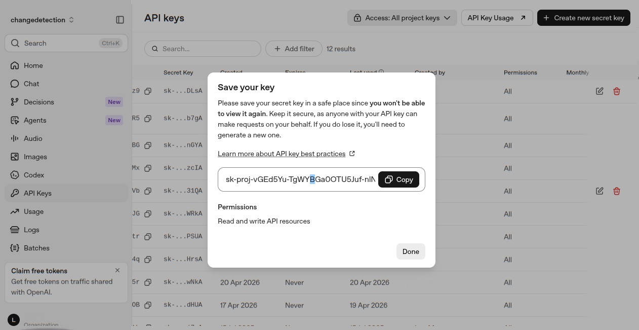 OpenAI LLM key for changedetection.io ready screenshot