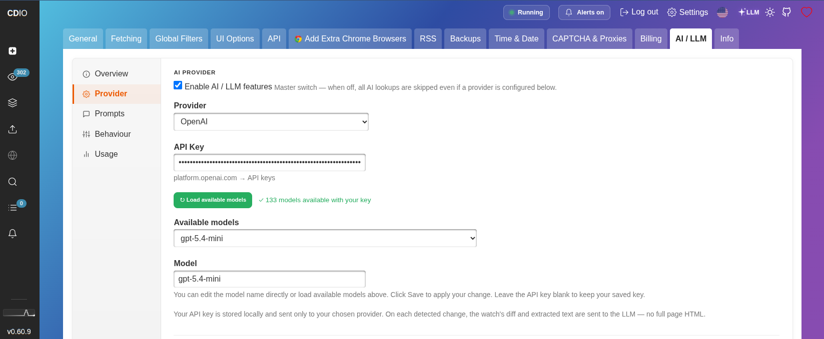 changedetection.io LLM select model for summarisation