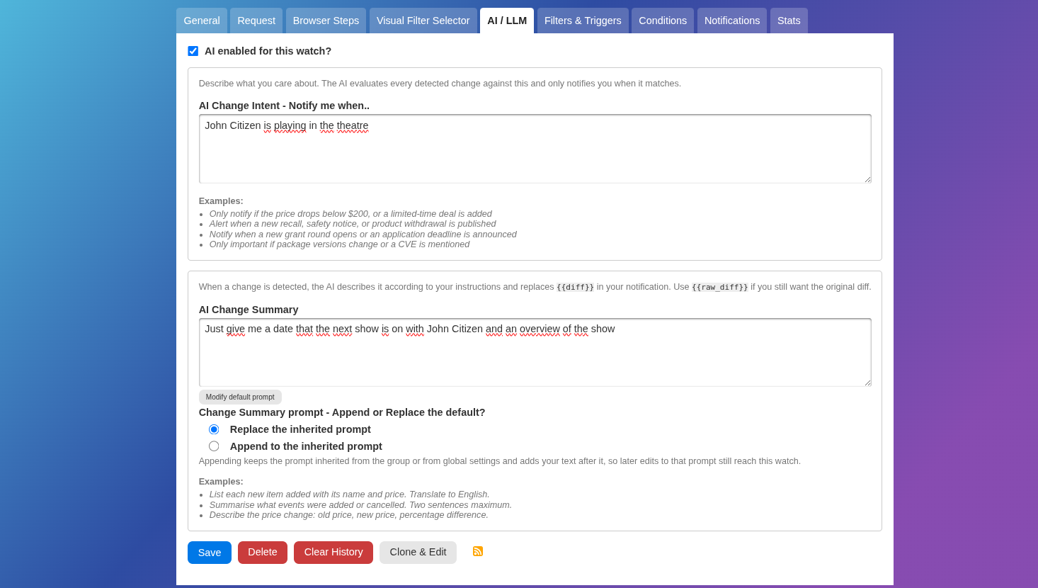 AI change intent and summary settings