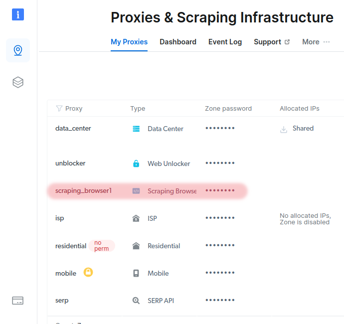 The Bright Data control panel - where to find the Scraping Browser link