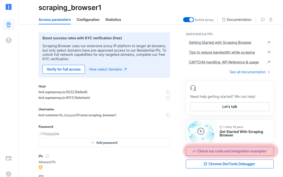 The Bright Data control panel - where to find the Scraping Browser link