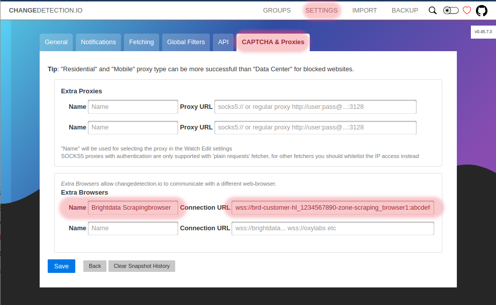 Adding a scraping browser to changedetection.io - step 1 adding the browser link