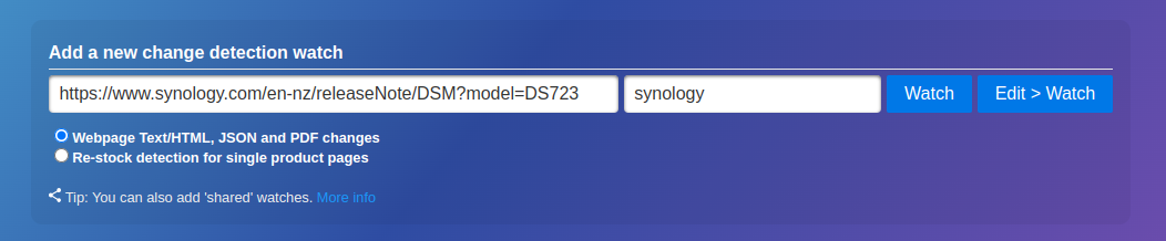 Adding Synology NAS product URLs to monitor for changes