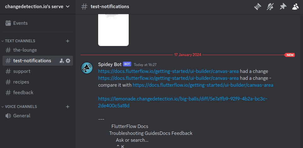Discord notification from changedetection.io bot
