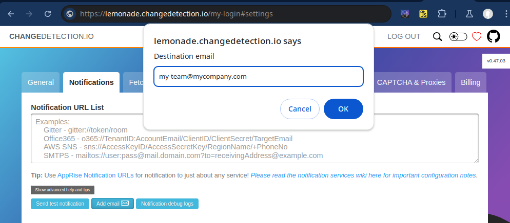 How to add an email address for web page change alerts