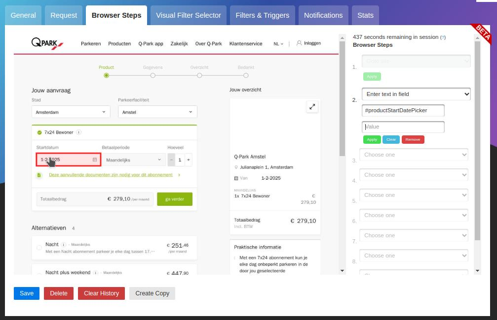 Setting the current date in a field before web page change detection