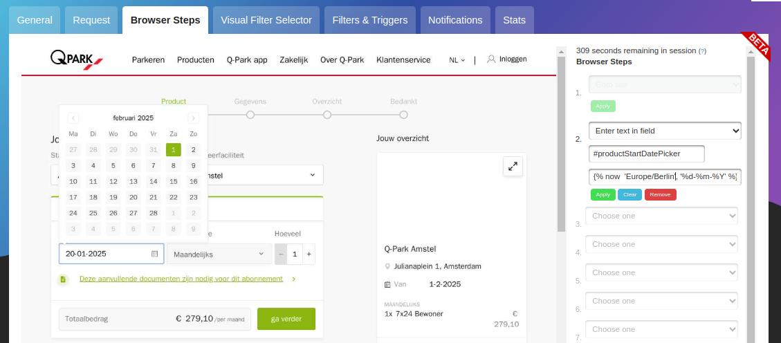 Automatically set the date on web page change detection form